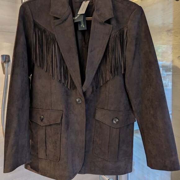 NWT Anthropologie BLANKNYC Brown front FRINGE BLAZER JACKET Western sz: L - Picture 3 of 11
